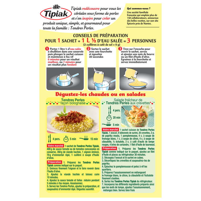 Tipiak Blé Tendres Perles Prêt en 5min Sachets Cuisson x2, 350g