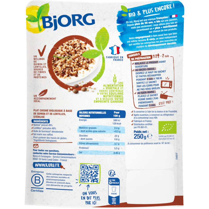 Bjorg Veggie Quinoa Lentilles Bio 250g