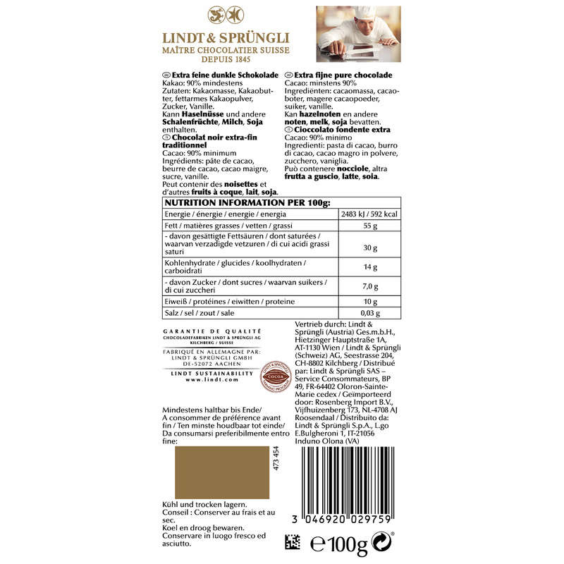 Lindt Excellence Tablette Chocolat Noir Prodigieux 90% De Cacao 100g