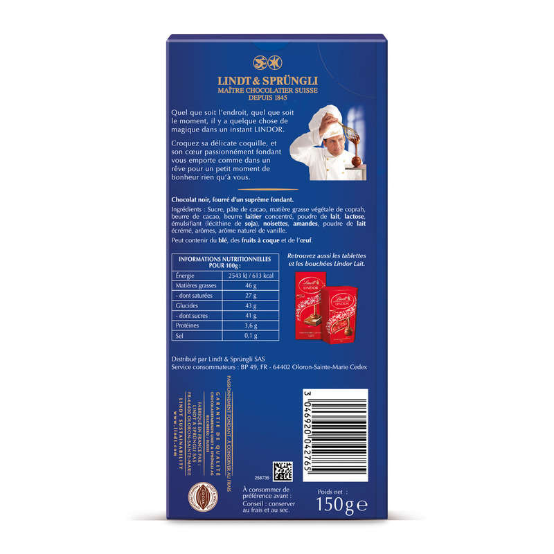 Lindt Lindor Tablette Chocolat Noir 150g