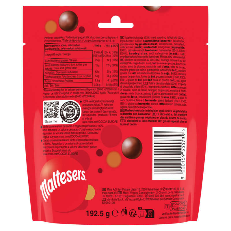Maltesers, bille croquante enrobée de chocolat au lait - pochon - 192,5G