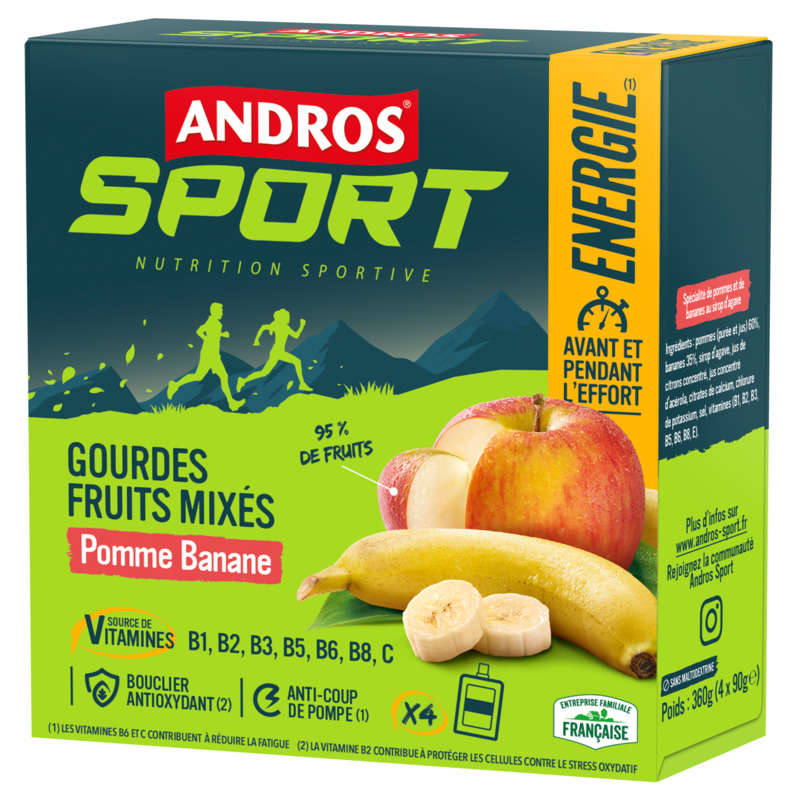 Andros Sport gourdes Fruits Mixés pomme Banane 4x90g