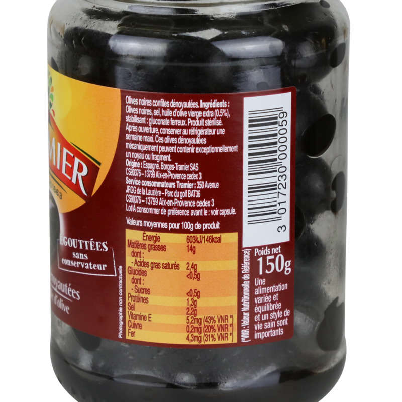 Tramier Olives Noires Confites Dénoyautées sans saumure 150g