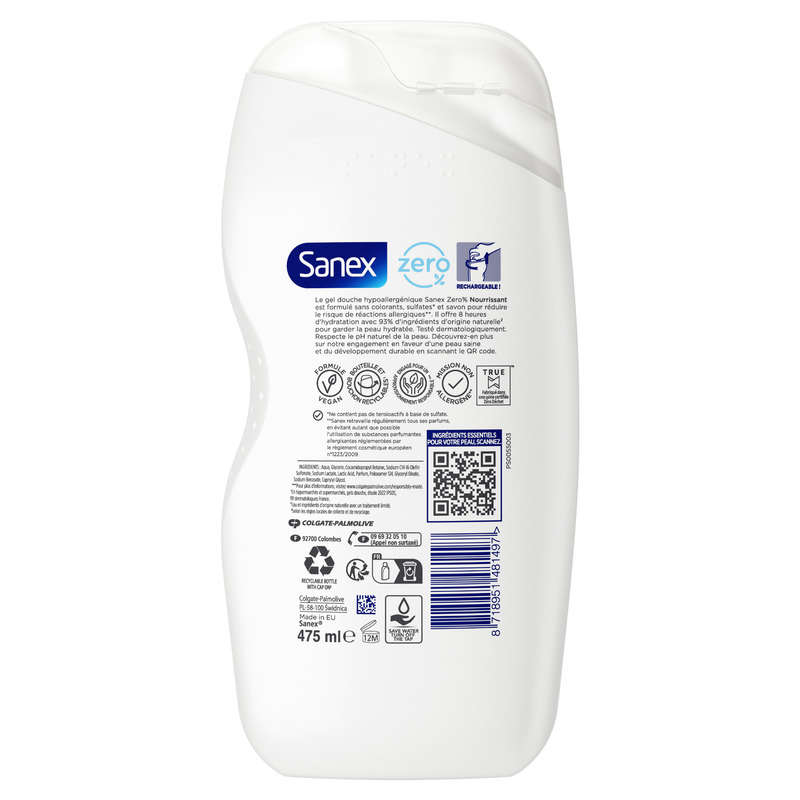 Sanex Gel Douche Zéro 0% Essential Peaux sèches 475ml