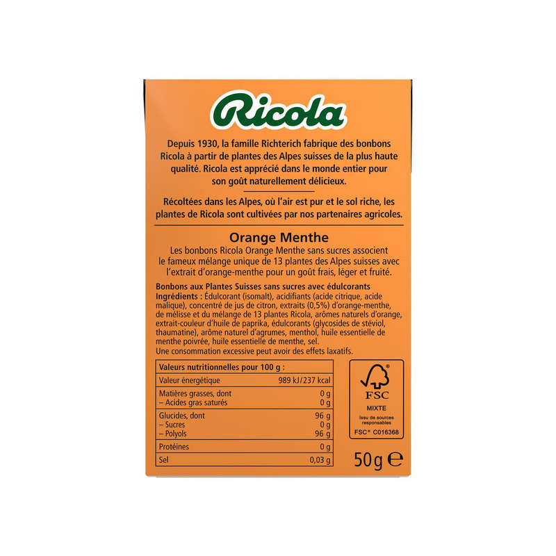 Ricola Aux Plantes Des Alpes Suisses Orange Menthe Sans Sucres 50g