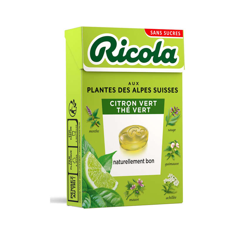 Ricola Aux Plantes Des Alpes Suisses Citron Vert Thé Vert Sans Sucres 50g