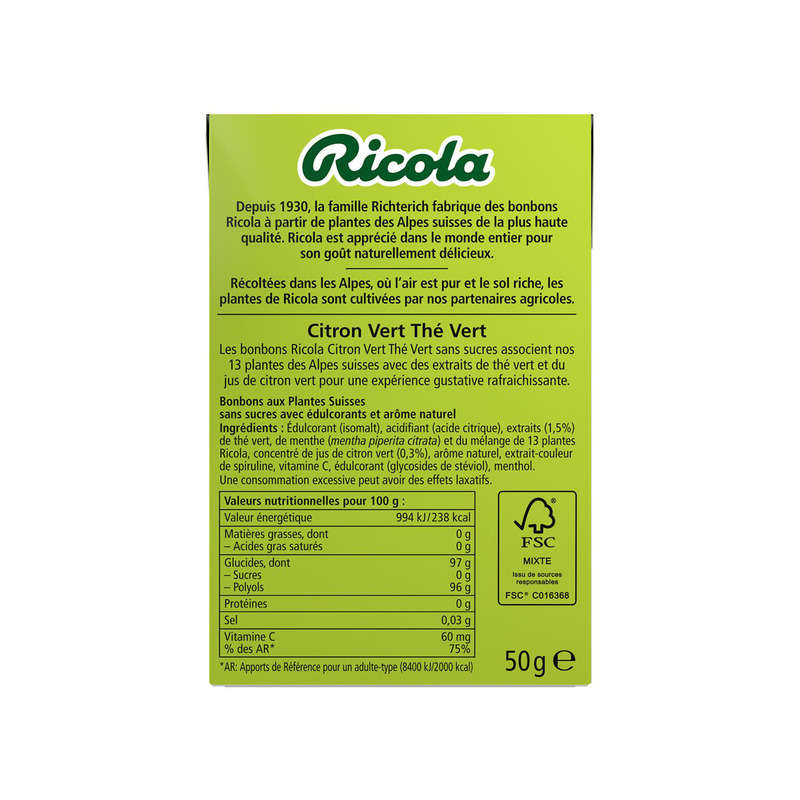 Ricola Aux Plantes Des Alpes Suisses Citron Vert Thé Vert Sans Sucres 50g