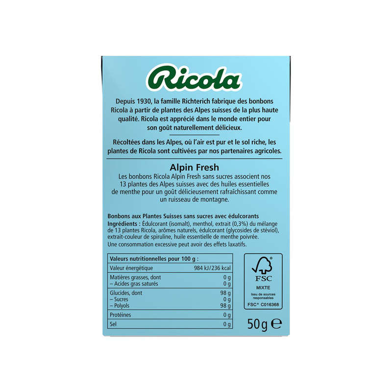 Ricola Bonbons Suisses Aux Plantes Sans Sucres 50g