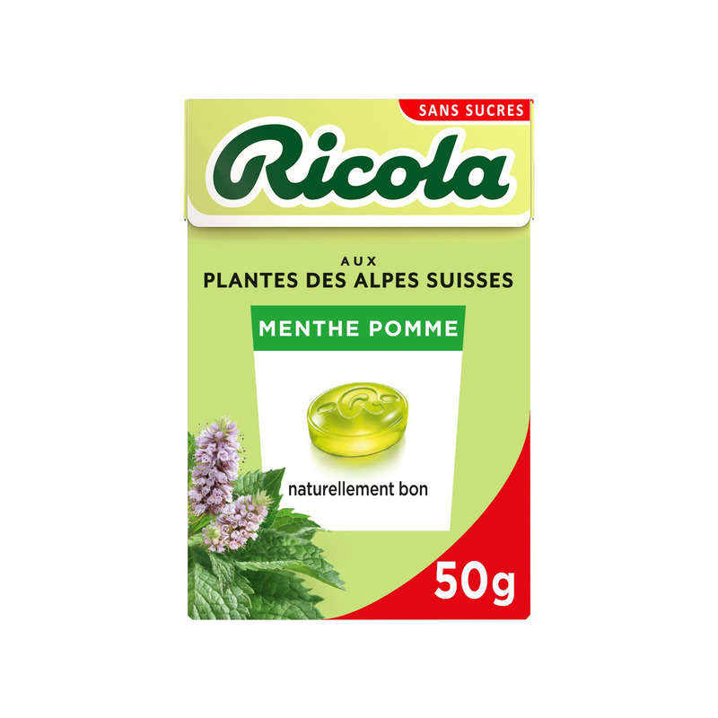 Ricola bonbons Suisses aux plantes, menthe pomme sans sucres 50g