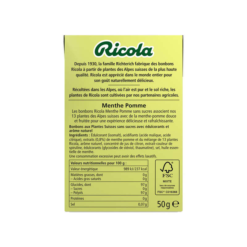 Ricola bonbons Suisses aux plantes, menthe pomme sans sucres 50g