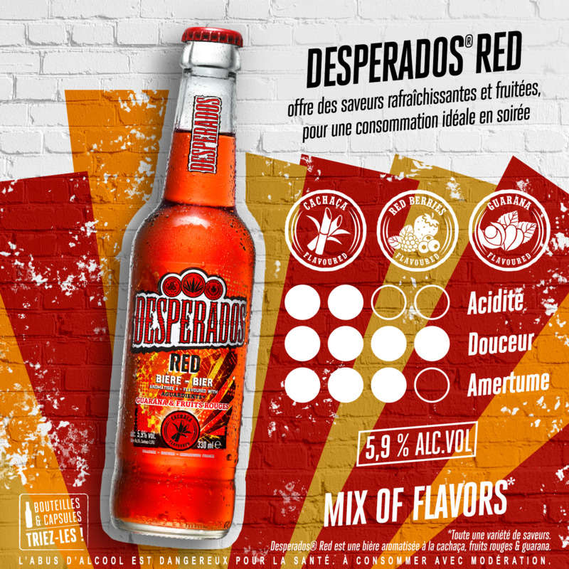 Desperados Red Bière aromatisée au spiritueux Cachaça, Fruits rouges & Guarana 33cl