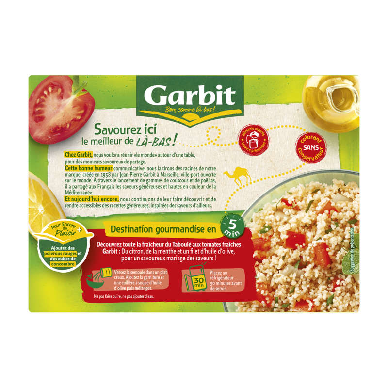 Garbit Taboulé aux tomates fraîches, menthe, citron & huile d'olive 525g