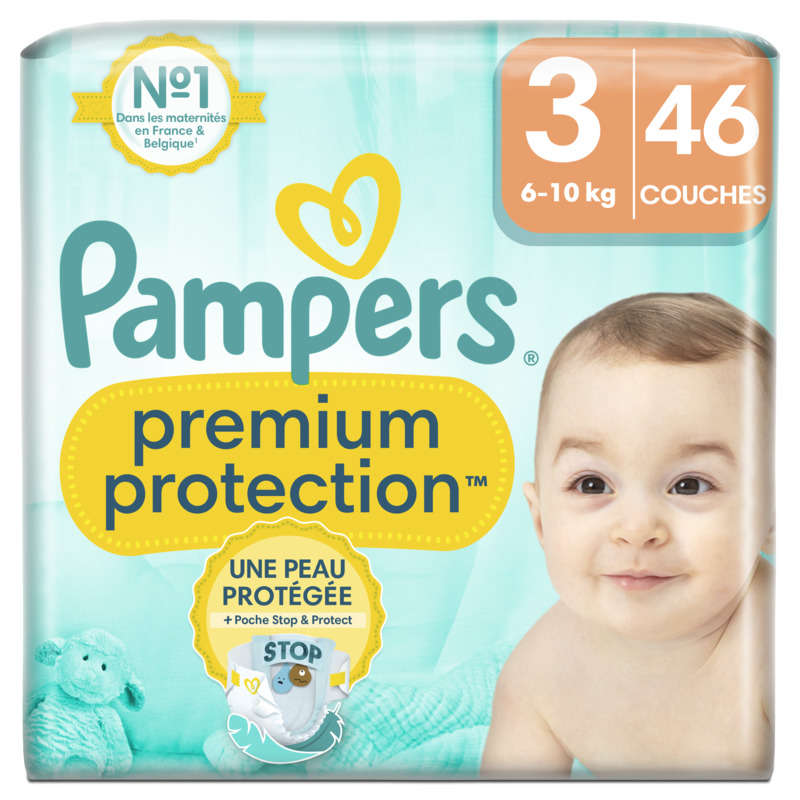 Pampers premium protection taille 3, couches x46, 6kg - 10kg