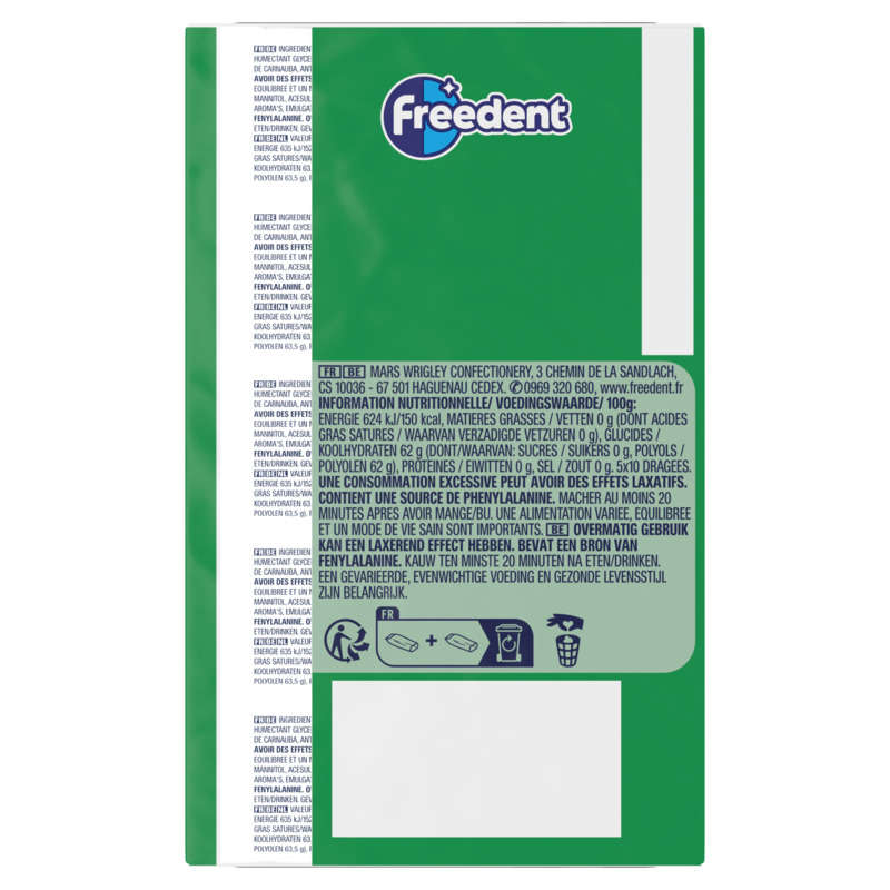 Freedent Chewing-gum Menthe Verte Sans Sucres 5x10 Dragés 70g