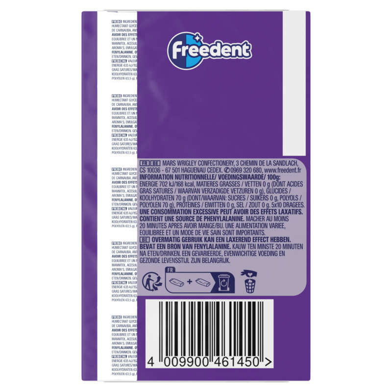 Freedent Chewing-Gum Goût Myrtille Sans Sucres 5X10 Dragées 70G