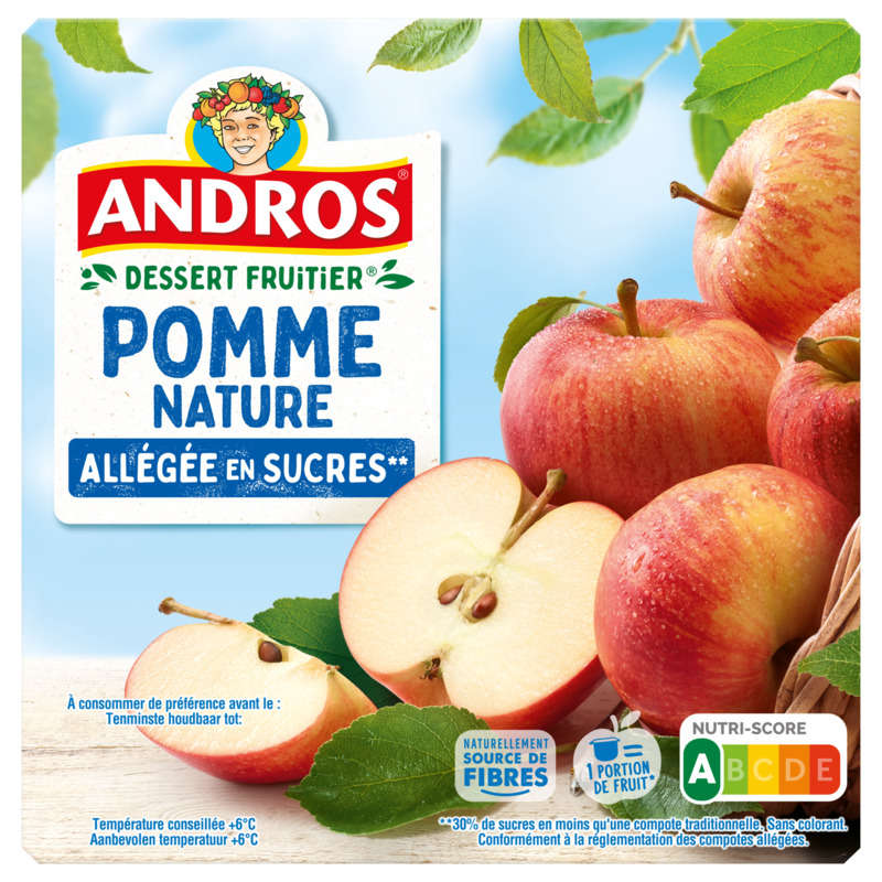 Andros Compote pomme nature allégée en sucres 4x100g