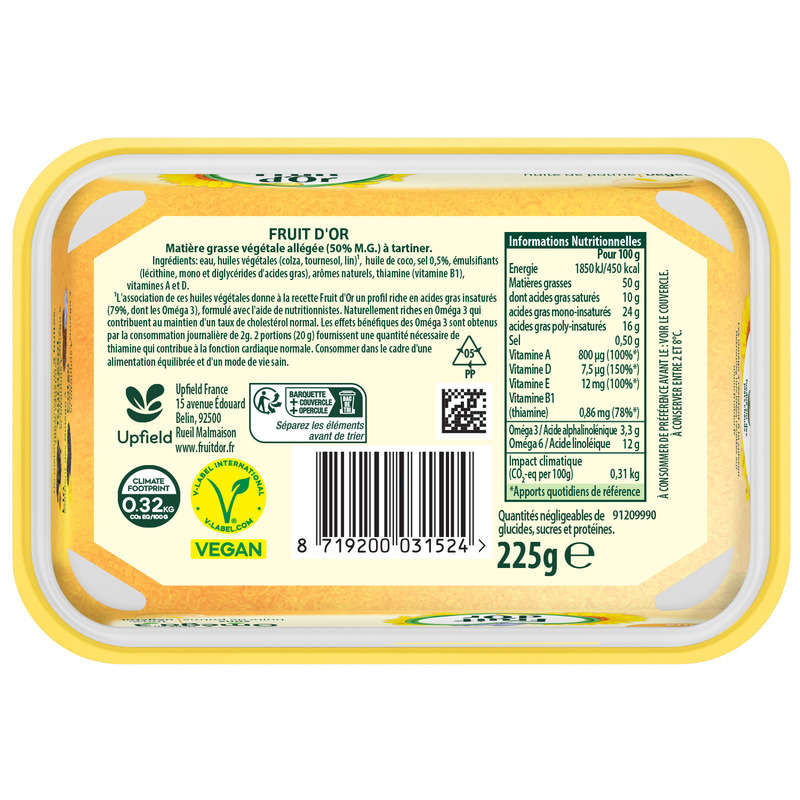 Fruit D'Or Margarine Doux 50% Mg Sans Huile De Palme 225 g