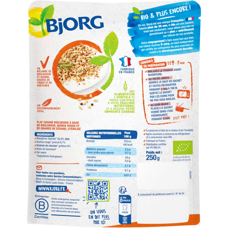 Bjorg Boulghour, Quinoa Et Sésame, Bio 250g