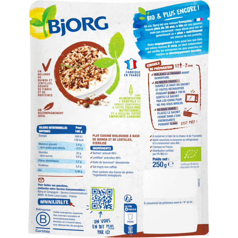 Bjorg Veggie Quinoa Lentilles Bio 250g