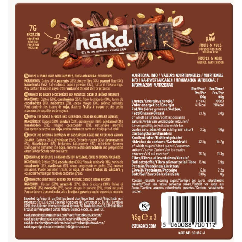 Nākd Protein Cacao Noisette Barres protéinées végétales 7g 100% Sans sucres ajoutés 3 x 45g