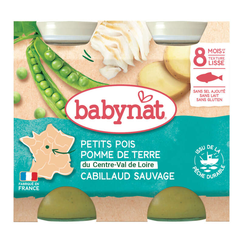 Babynat Cabillaud, Petits Pois, Pomme de Terre Val de Loire dès 8 Mois 2x200g