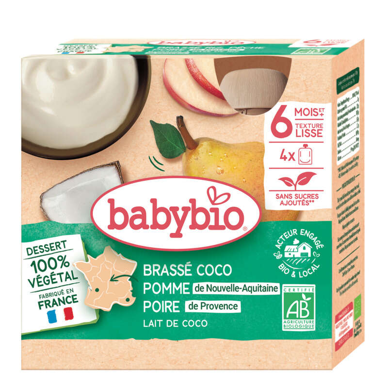 Babybio Dessert Brassé Bio Coco Pomme d'Aquitaine Poire Dès 6 mois 4x85g