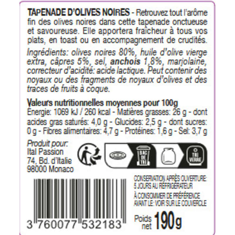 Florelli Les tartinables Tapenade d'olive noires 190g