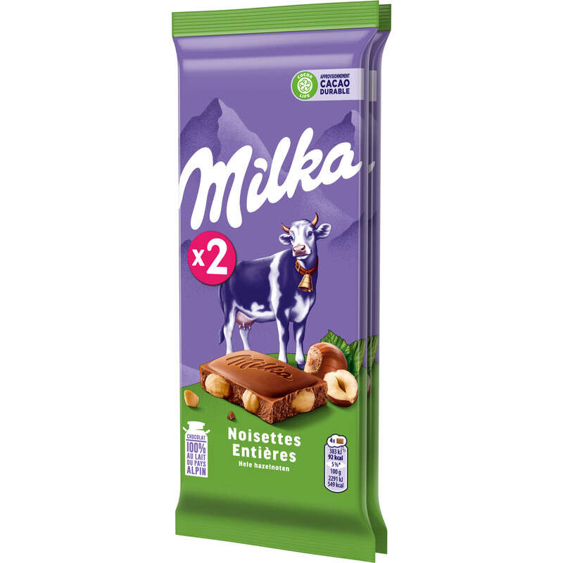 Milka Tablette Chocolat Au Lait Et Aux Noisettes Entières 2x100g