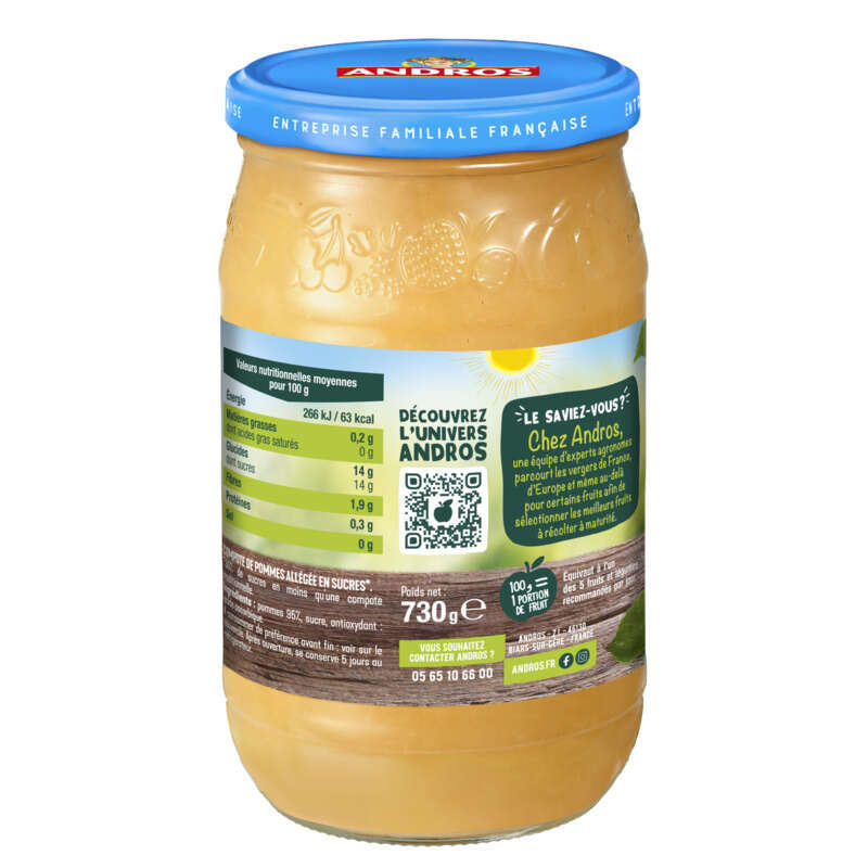 Andros Compote de Pommes Allégée -30% de Sucres Pot 730g