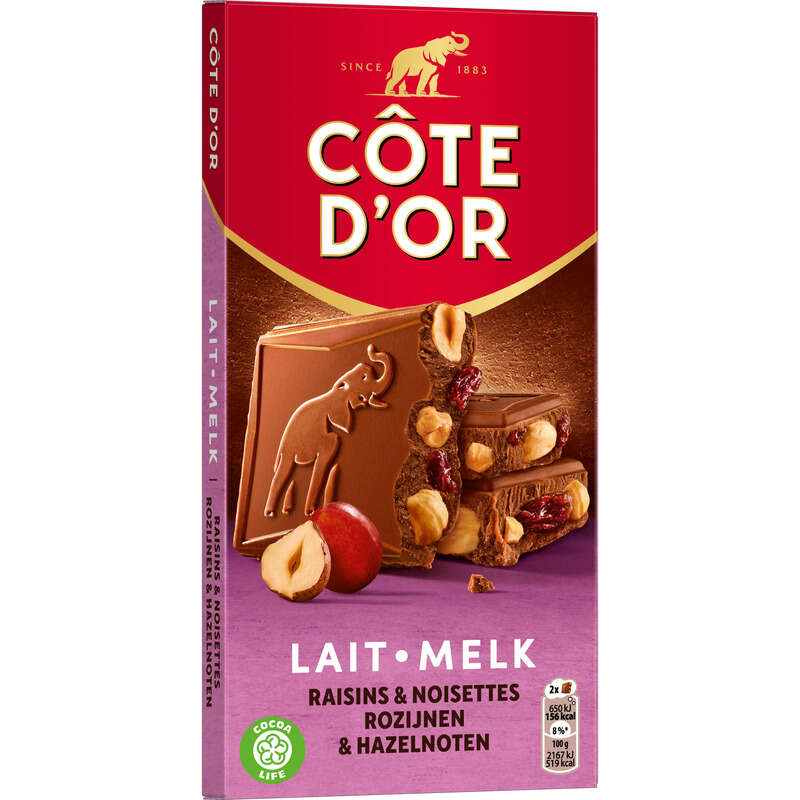 Côte D'Or Tablette Chocolat Au Lait Raisins Et Noisettes Entières 180g