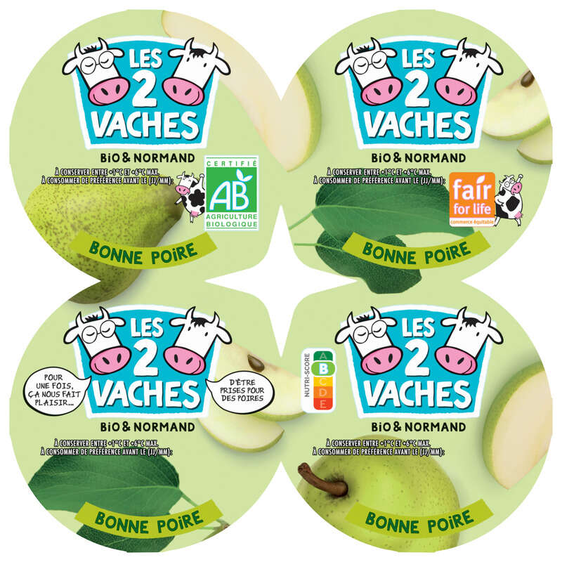 Les 2 Vaches Yaourt aux fruits poire brassé Bio 4x115g