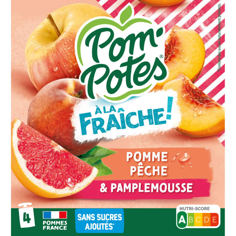 Pom'Potes Compotes à la Fraiche Goût Pomme Pêche Pamplemousse 4x90g
