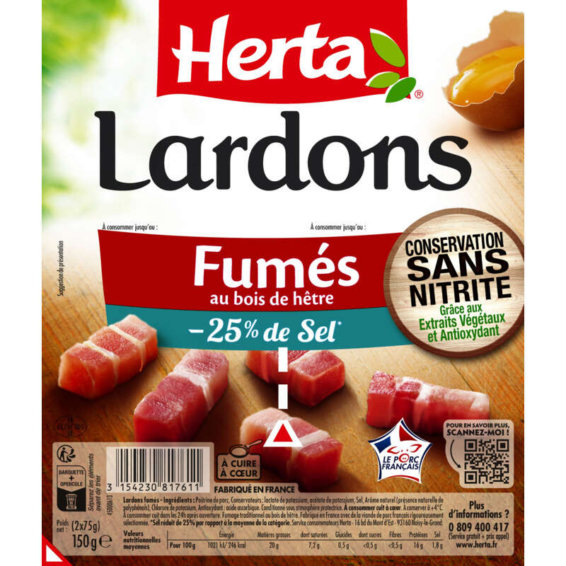 Herta Lardons Fumés -25% de sel 2x75g