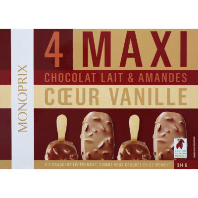 Monoprix Bâtonnets maxi chocolat au lait & amandes coeur vanille 314g