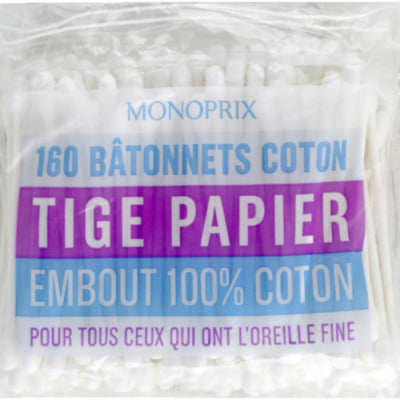 Monoprix Bâtonnets Coton Tige Papier Embout 100% Coton x160