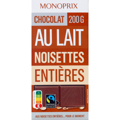 Monoprix Chocolat au Lait aux Noisettes Entières 200g