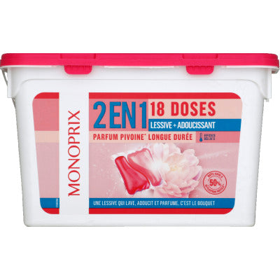 Monoprix Doses 2 En 1 Lessive + Adoucissant, Parfum Pivoine X18