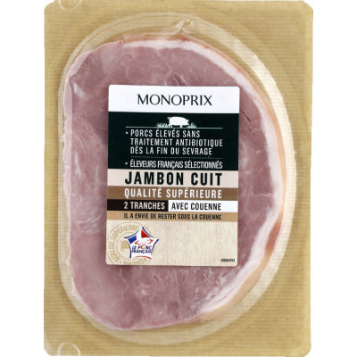 Monoprix Jambon Cuit 2 Tranches Avec Couenne