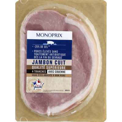 Monoprix Jambon Cuit 4 Tranches Taux De Sel Réduit Avec Couenne