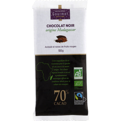 Monoprix Gourmet Chocolat Noir Origine Madagascar, Acidulé & Fruits Rouges, 70% Bio 100G