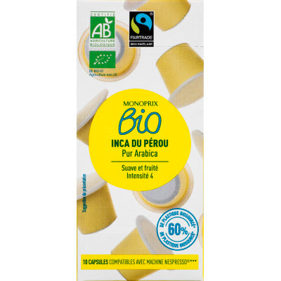 Monoprix Bio Café Pur Arabica Inca Du Pérou 10 Capsules 52G