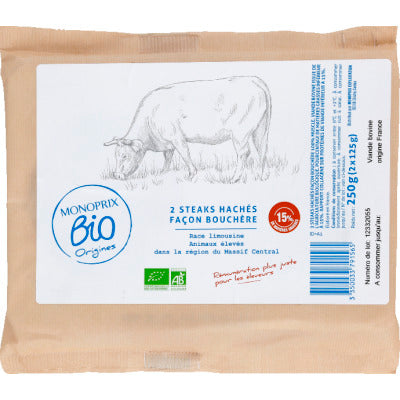 Monoprix Bio Origines Steack Haché 15% Flow x2 250g