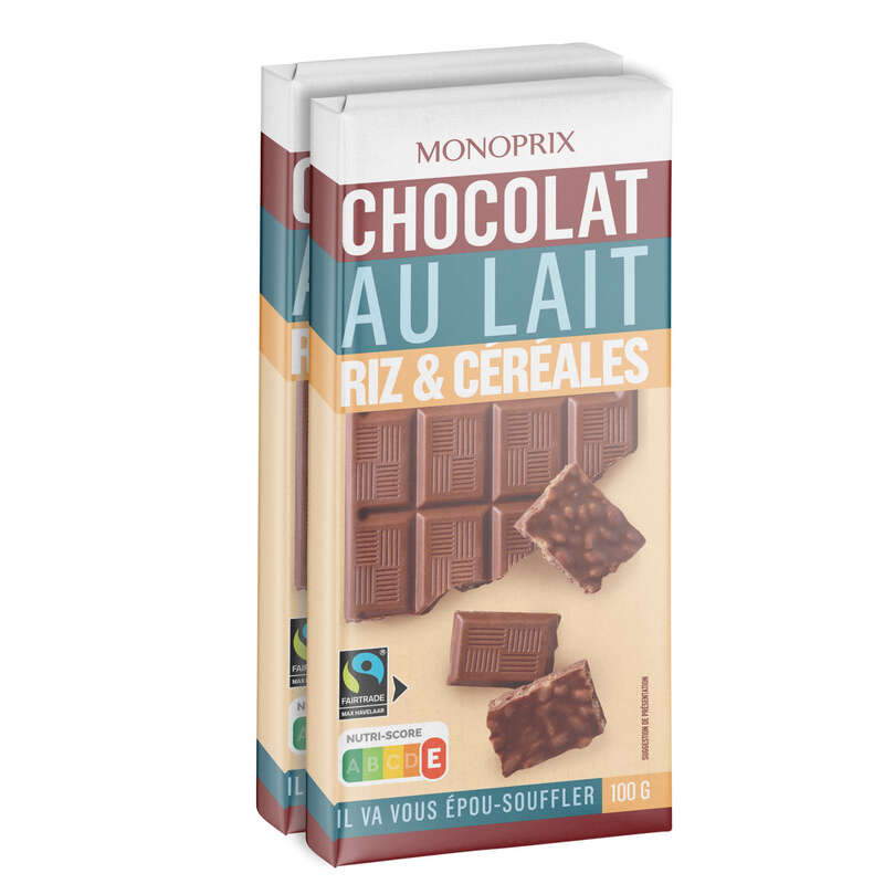 Monoprix Chocolat au lait, riz et céréales 2x100g