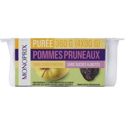 Monoprix Purée de Pommes et Pruneaux Pack Sans Sucres Ajoutés 4x90g