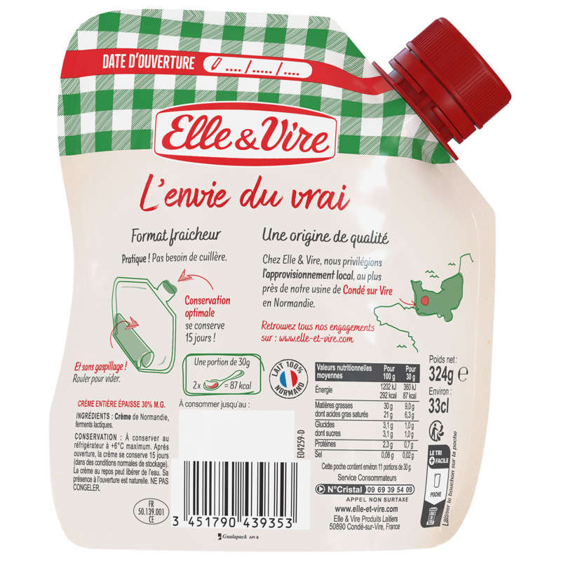 Elle&Vire Crème De Normandie Épaisse Entière 30% De Matière Grasse 33cl