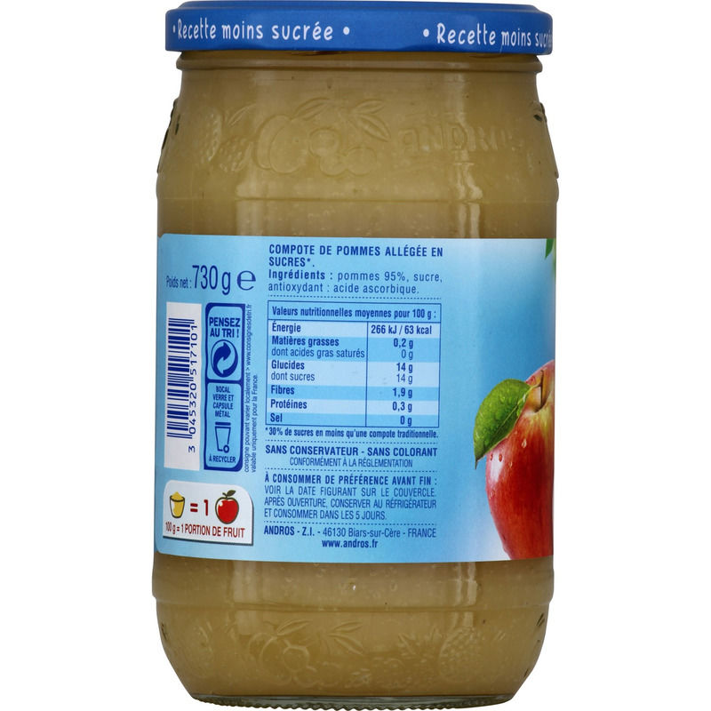 Andros Compote de Pommes Allégée -30% de Sucres Pot 730g