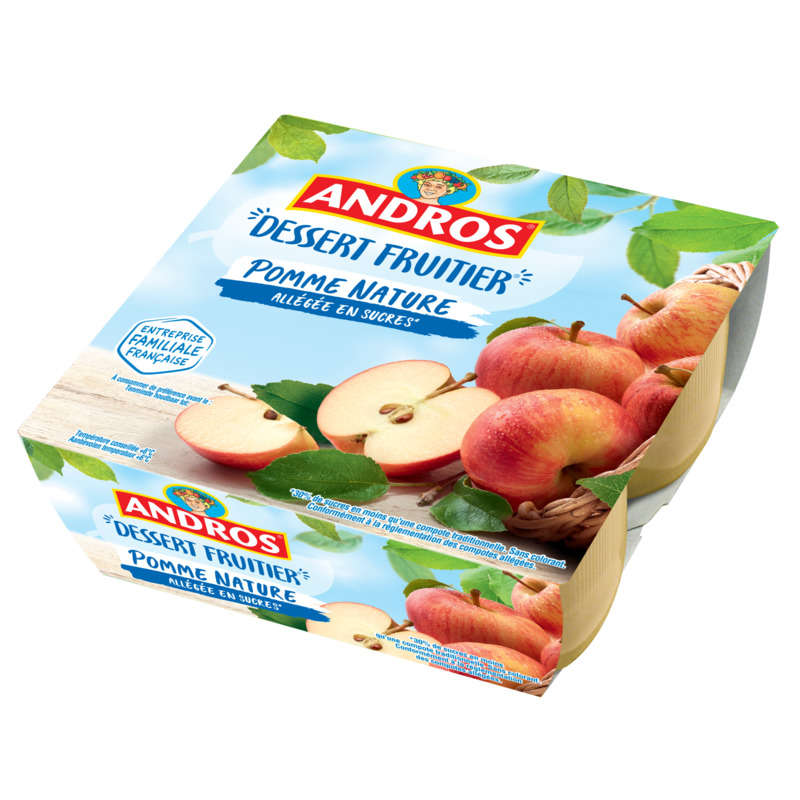 Andros Compote pomme nature allégée en sucres 4x100g