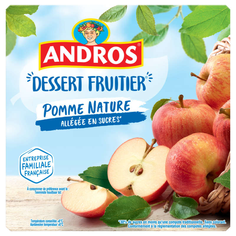 Andros Compote pomme nature allégée en sucres 4x100g