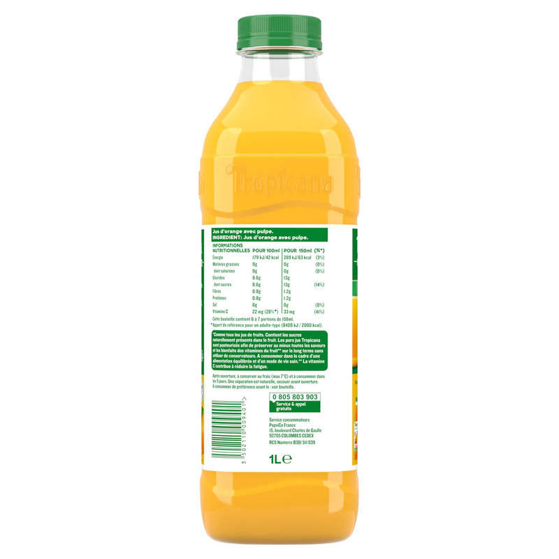 TROPICANA Pur Jus d'Orange avec Pulpe la Bouteille de 1L