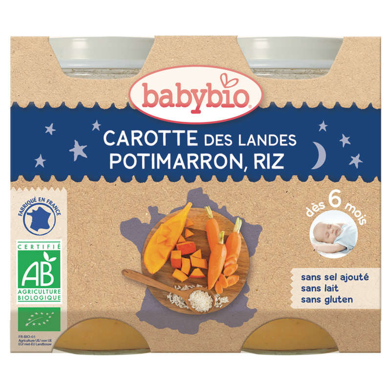 Babybio Petits pots carottes potimarron & riz, dès 6mois, bio 2x200g